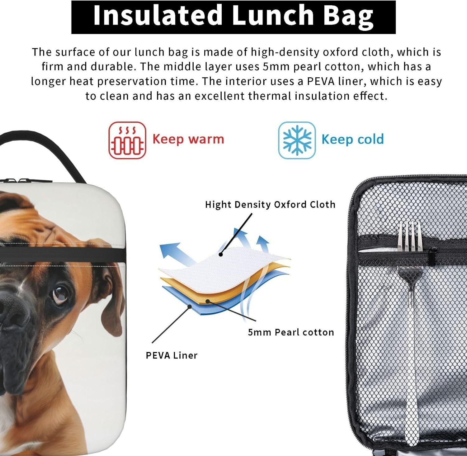 Insulated Lunch Box for Women Men, Boxer Dog Theme Lunch Box Reusable Portable Lunch Bag Cooler Tote Waterproof Lunch Container for Office Picnic Work Travel Hiking - Image 5