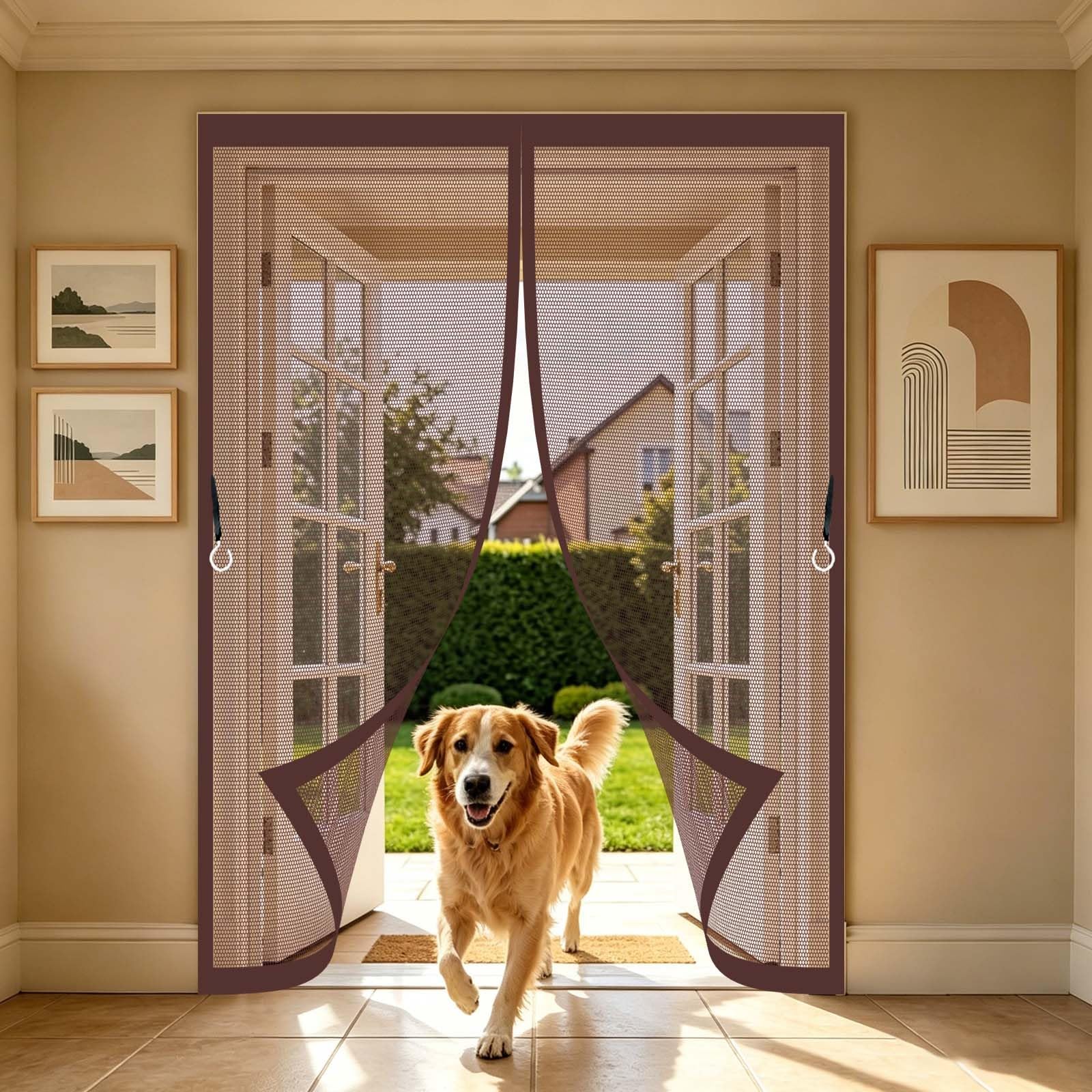 Guoyfen Brown Magnetic Screen Door 138 X 193 Cm With Powerful Magnets And Full Frame Magic Tape, Hands Free Closing Magnetic Door Screen Fly Curtains For Doors For Kitchen Bedroom,