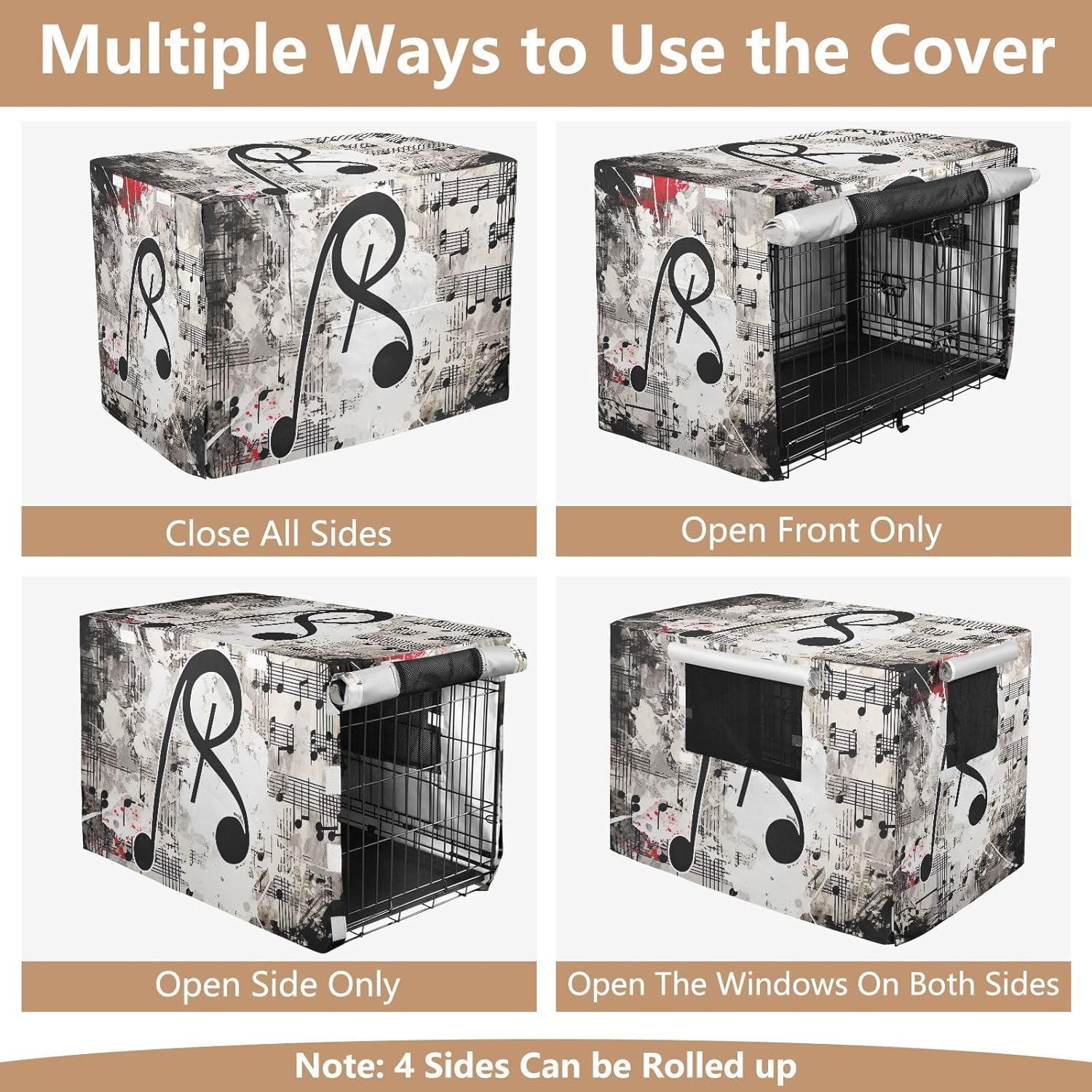 Creative Musical Clef Dog Crate Cover S-XL Washable Pet Kennel Cover with Mesh Windows, Reduces Barking, X-Large
