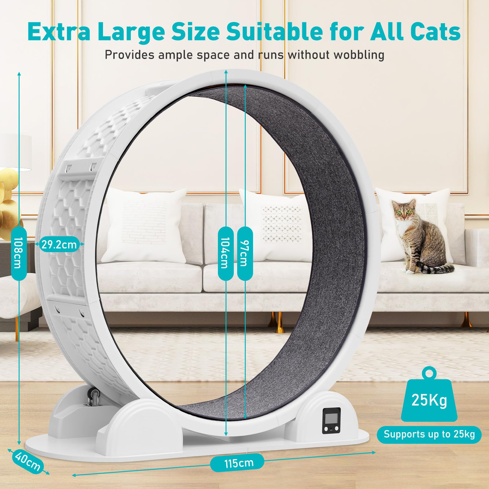 Ruota per esercizi per gatti in ABS con pedometro, montaggio a scatto senza attrezzi | Fino a 25 kg, silenzioso, sostituibile passerella in moquette