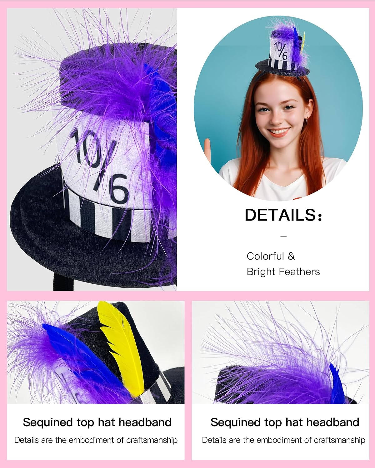 Mini Top Hat Headband with Feathers for Halloween Carnival Party