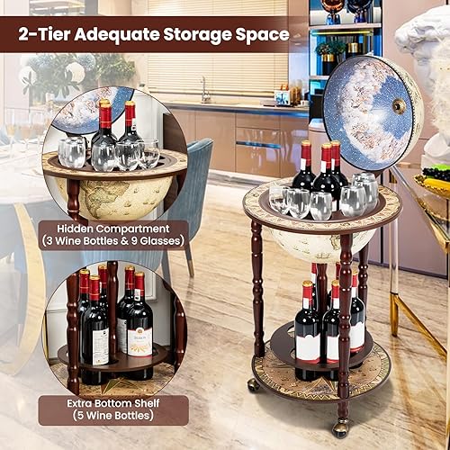 Miniatura 5 de COSTWAY Globe - Armario para bar de vinos, carrito de bar italiano con ruedas y estante para botella de licor, soporte de madera maciza para bar de