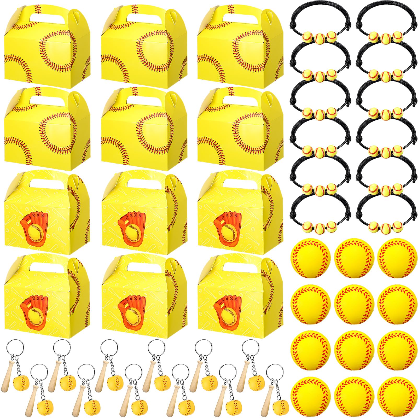 Teling 48 Pcs Softball Party Favors Include 12 Treat Boxes 12 Stress Ball 12 Charm Wristbands Bracelets 12 Keychain Baseball Gifts for Adults Sport