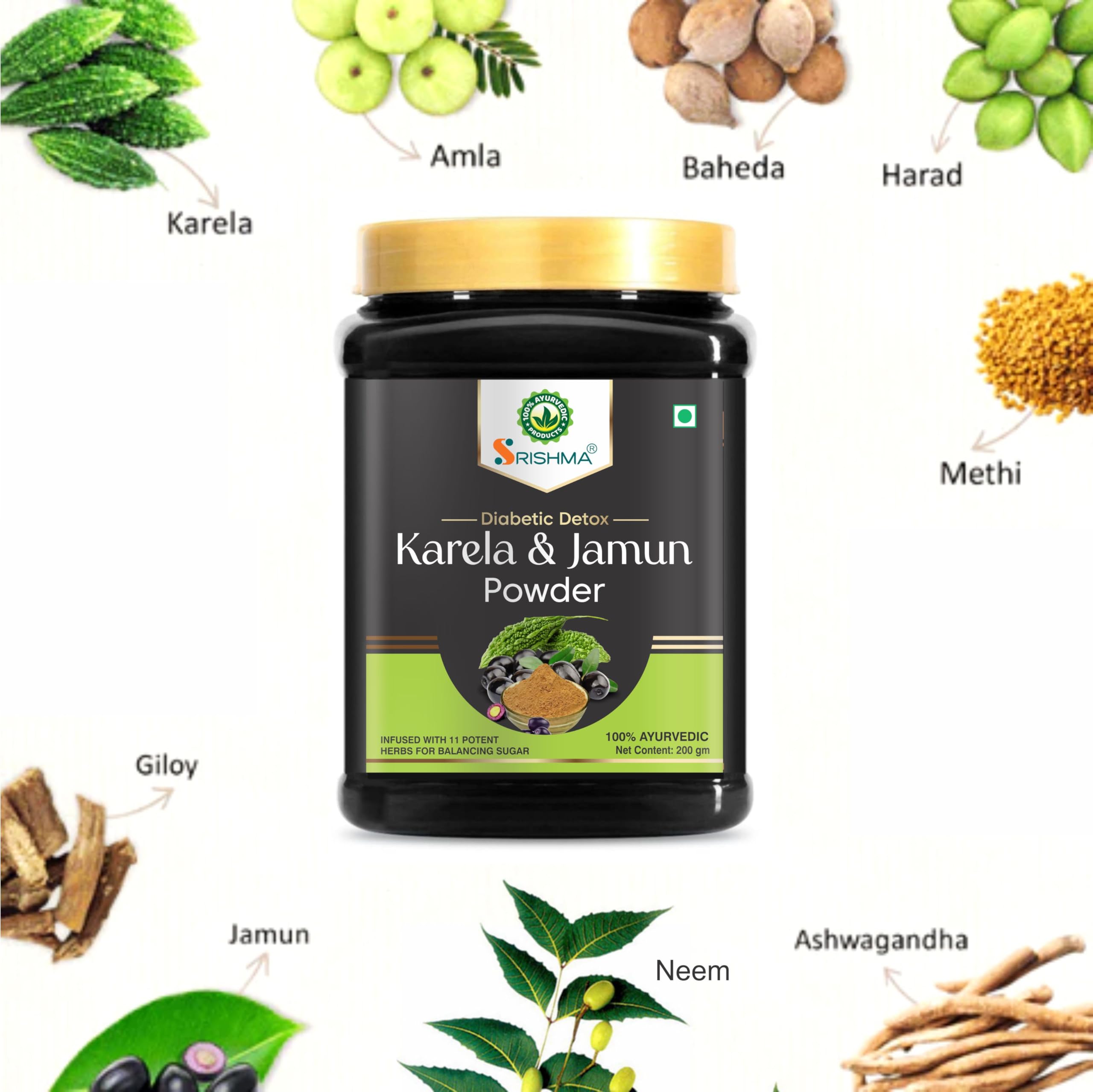 Srishma Karela, Jamun Diabetic Detox Powder | Infused with 11 Potent Herbs for Balancing Sugar | 100% Ayurvedic (200g)
