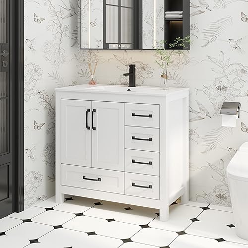 Miniatura 10 de eclife Juego combinado de tocadores de baño de 24 pulgadas con lavabo, fregadero de cerámica empotrado con madera gruesa, grifo negro mate,