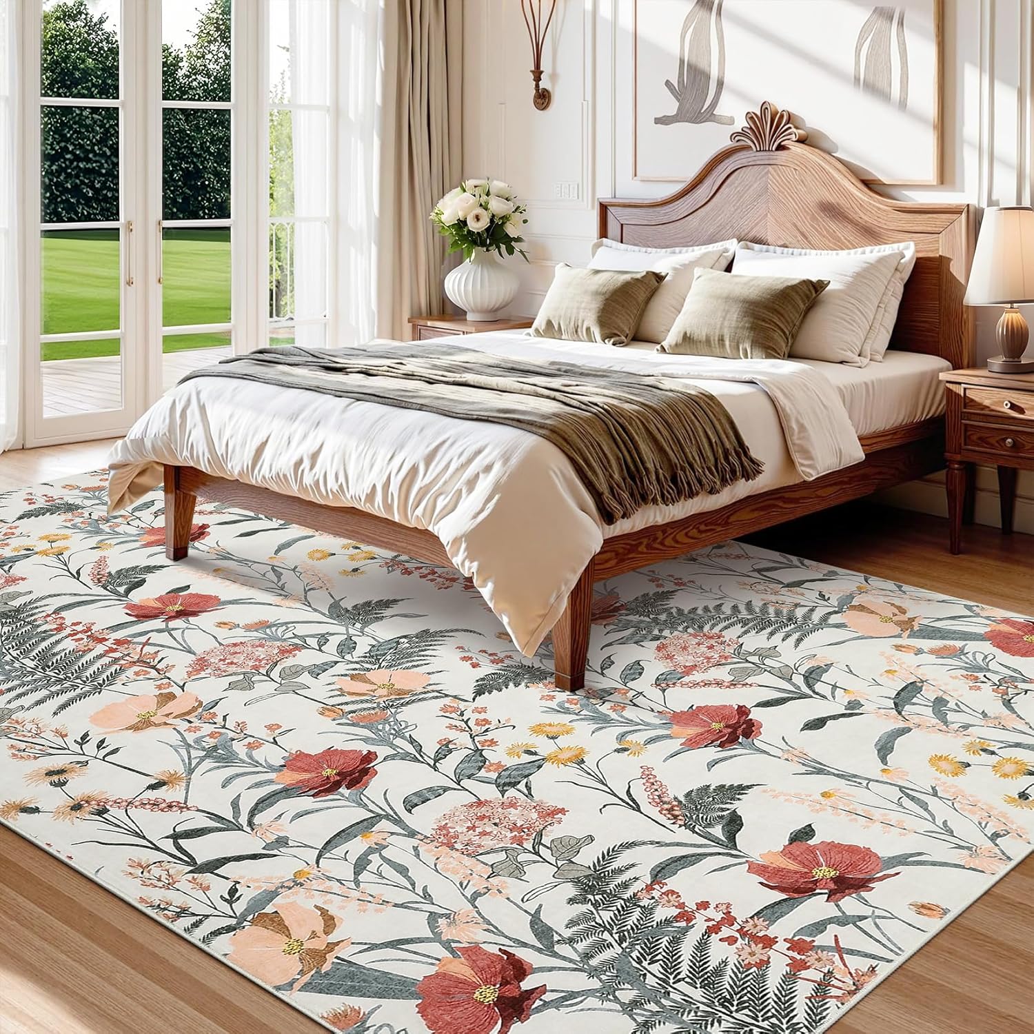 GarveeHome Washable Rugs 5x7 Modern Floral Rug for Living Room Non Slip Large Area Rug for Bedroom Decor Farmhouse Low Pile Stain Resistant Carpet for Office Dining Room Classroom 5 ft x7 ft Beige