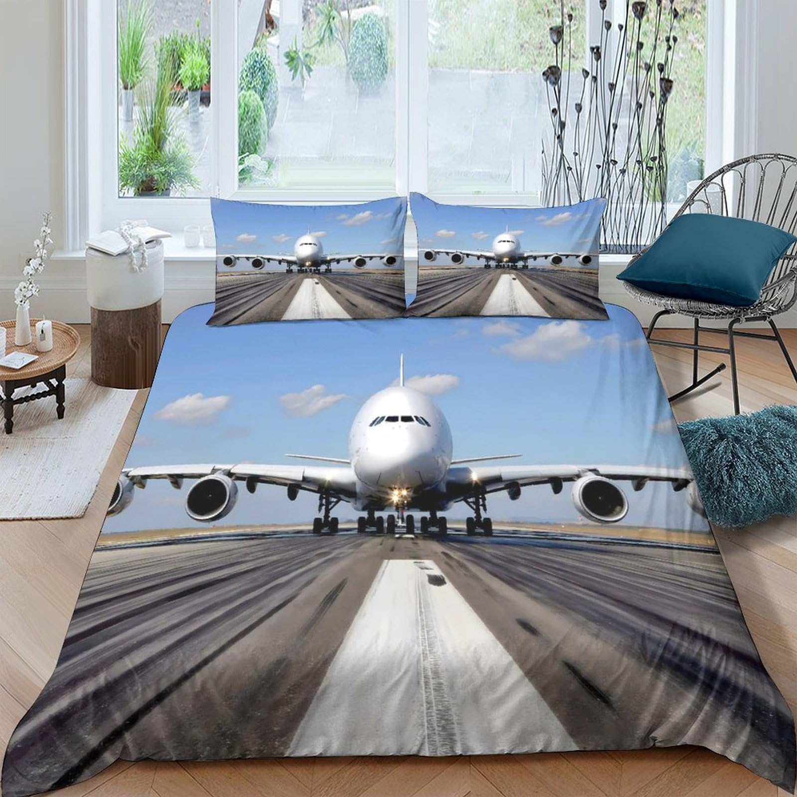 Ctjqhvkz Style-4 3D Printed Airplane Runway Fitted Sheet Microfiber Soft Blue Sky Mattress Cover For Bedroom Dorm Home Decor Protection Single（135X200cm）