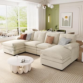 Polibi 115.4 U-Shaped Chenille Sectional Sofa with Adjustable Armrest Pillows 6-Seater Modular Sofa Ideal for Living Rooms, Home Offices, and Large Spaces Beige