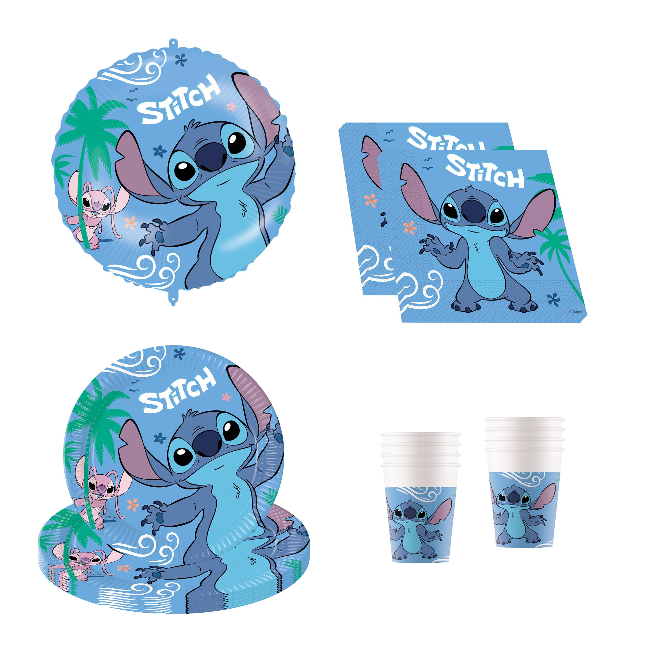 Procos - Disney Stitch Party Tableware, 37-Piece Birthday Decoration Includes 8 Paper Plates, 8 Paper Cups, 20 Napkins and a Foil Balloon, Table Decoration for Children's Birthday Parties