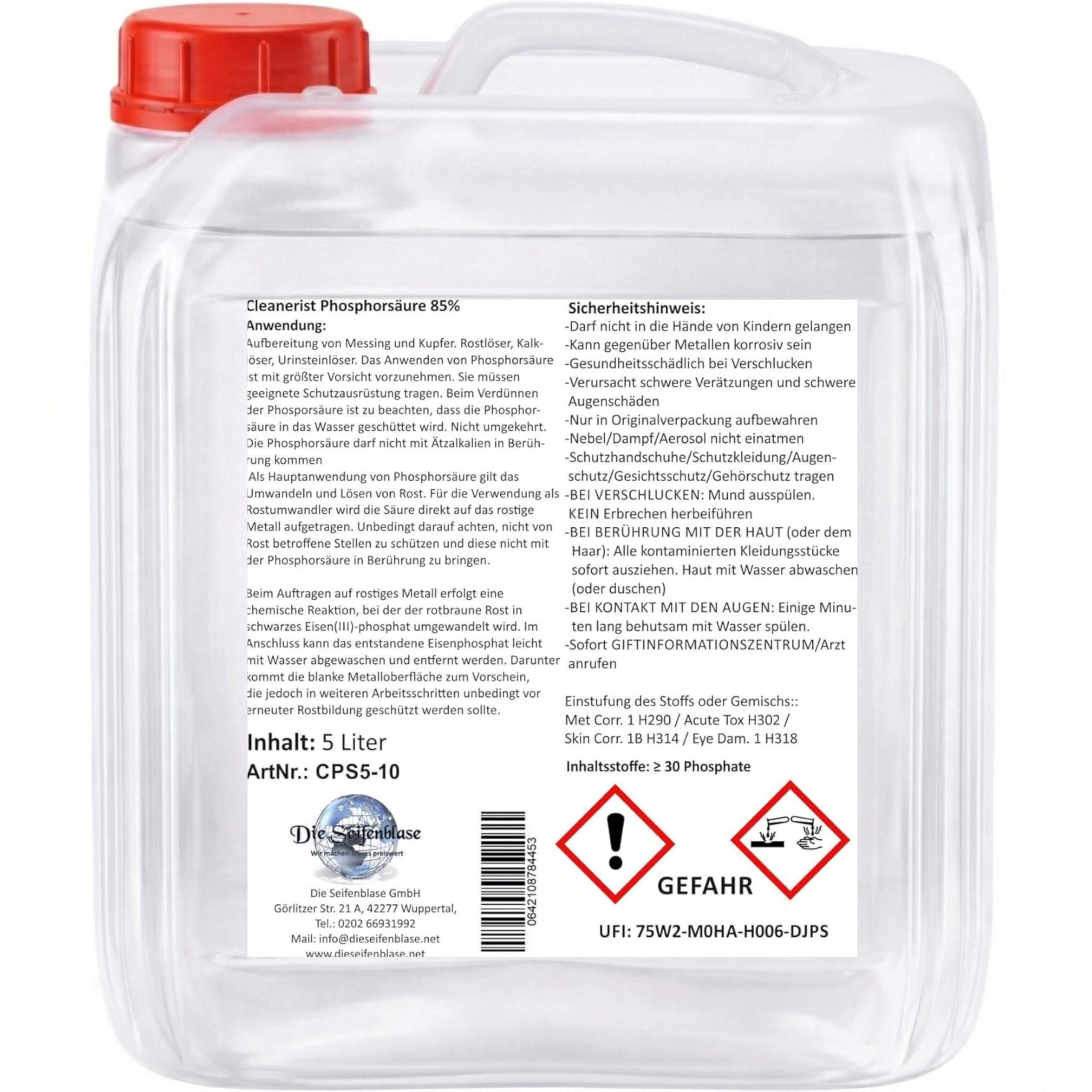 Cleanerist | 5L Acido Fosforico 85% H3PO4 E338 Tanica con Beccuccio – Convertitore Ruggine Potente Disincrostante Calcare Urina Manutenzione Metalli Sanitari Puro – Qualità Premium Pro