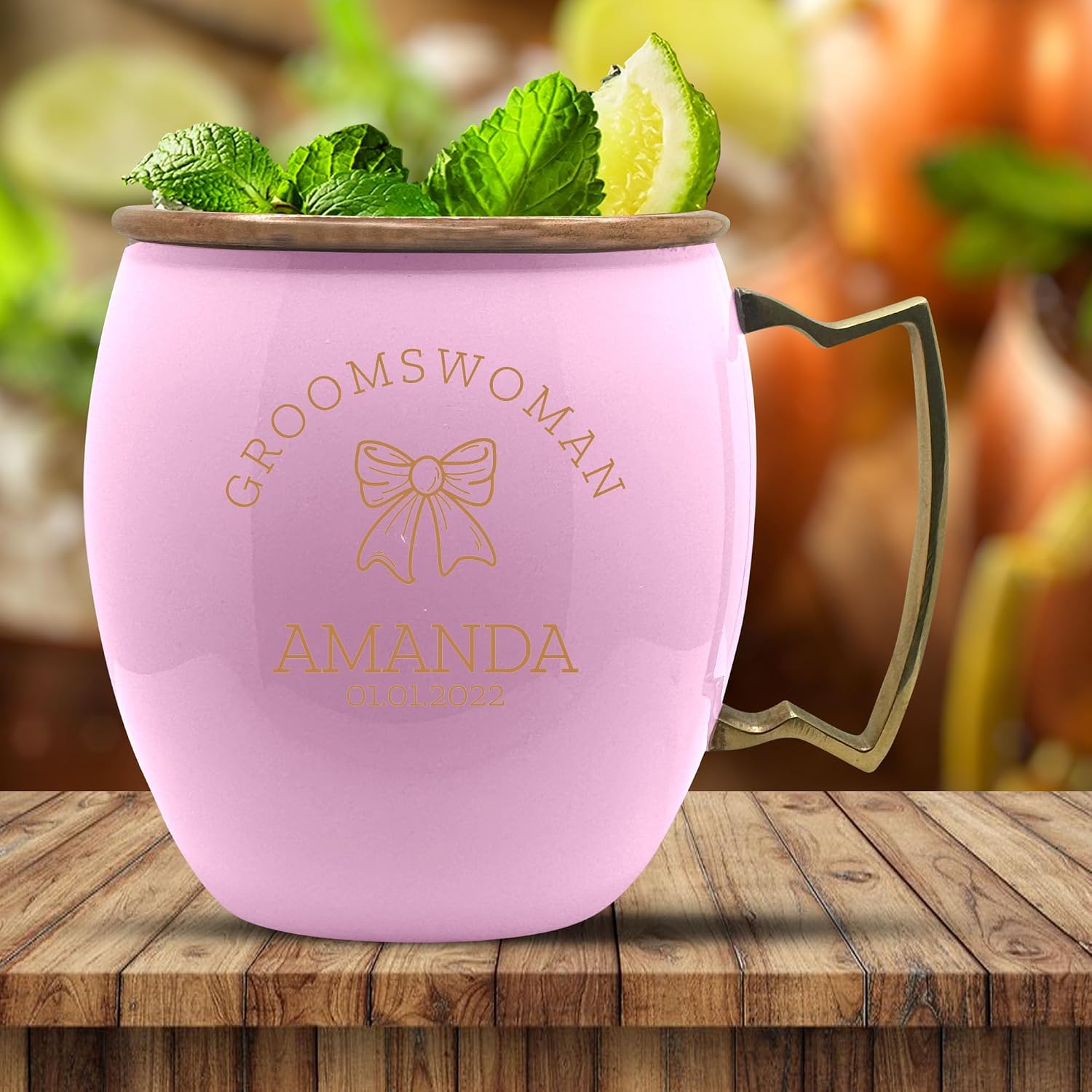 Custom 100% Copper Moscow Mule with Smooth Painted Finish - Engraved Bar Style Cup with Personalized Groomswomen with Ribbon Wedding Themed Engraving, Brass Handle | 18 oz, Pink
