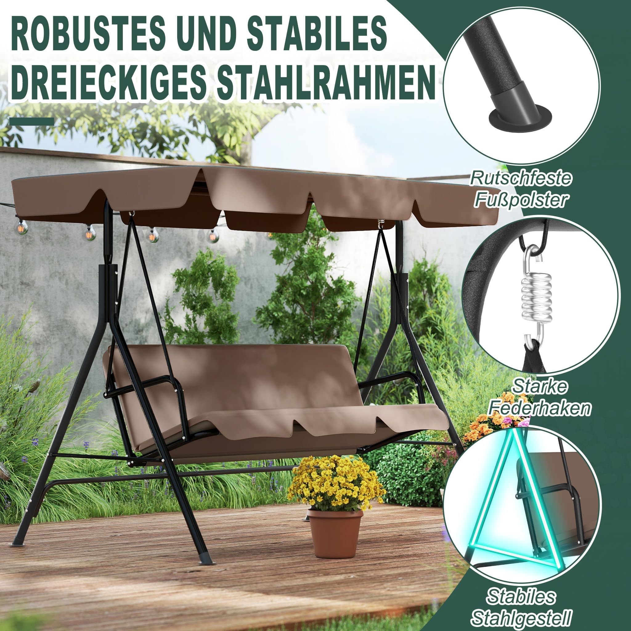 LZQ Balançoire Hollywood 3 places résistante aux intempéries - Avec toit réglable - 176 x 110 x 152 cm - Charge maximale : 200 kg - Pour extérieur, intérieur et extérieur, marron foncé