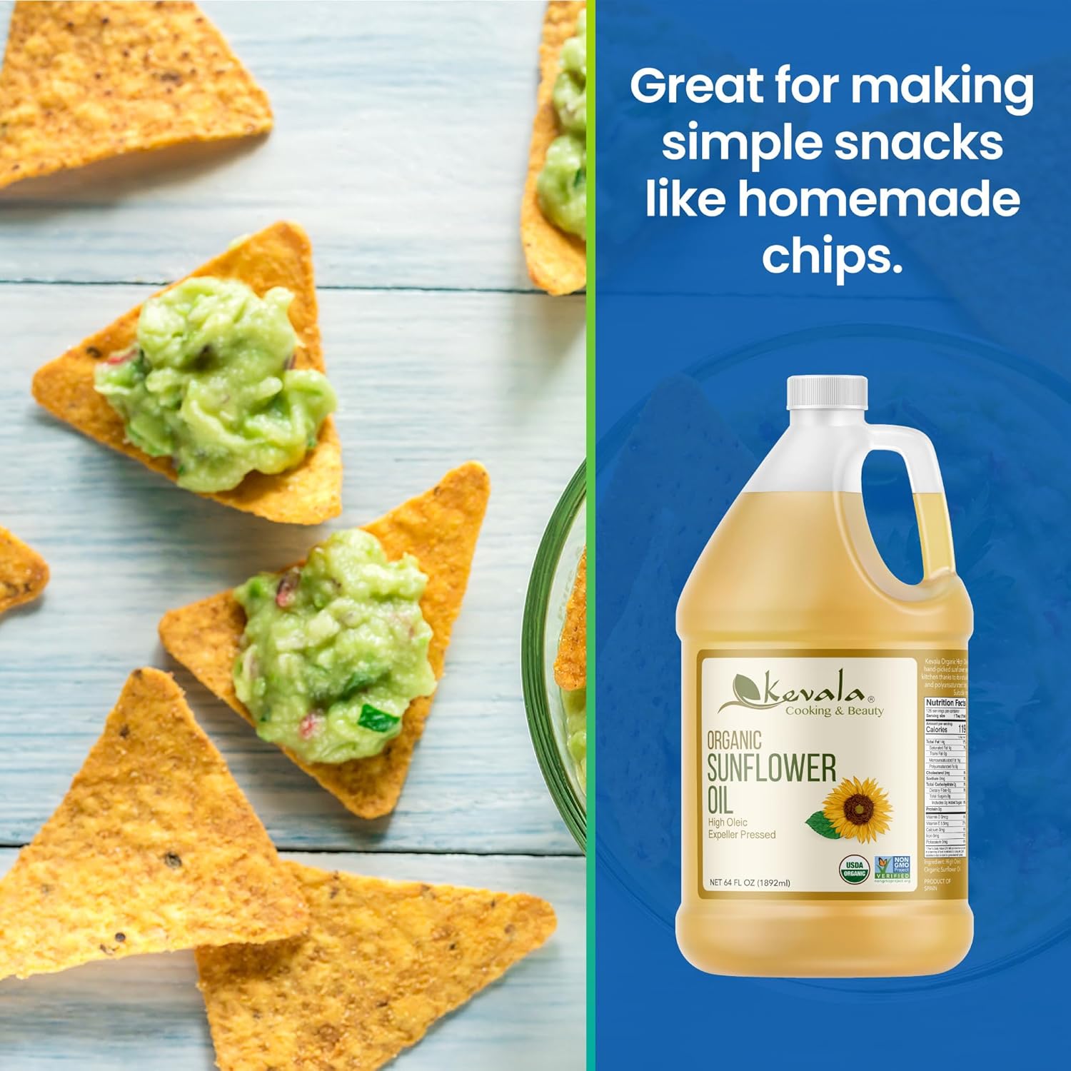 Kevala Organic Sunflower Oil - Oil for Cooking and Baking Processed in a Facility Free of Tree Nuts and Peanuts, Good Carrier for Essential Oils, Kitchen Pantry Staple for your Home, 64 fl oz, 1/2 gal