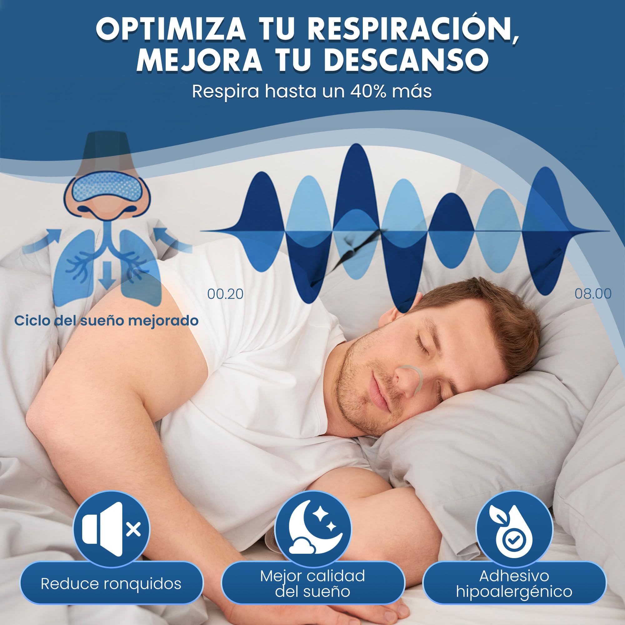 Tiras Nasales para Dormir Antirronquidos Deportivas - HASLOM - Tiritas Nariz Respirar Mejor Tira Nasal Dilatador Nasal Nose Strips Nasal Strips Anti Ronquidos - 60 Unidades 2 meses
