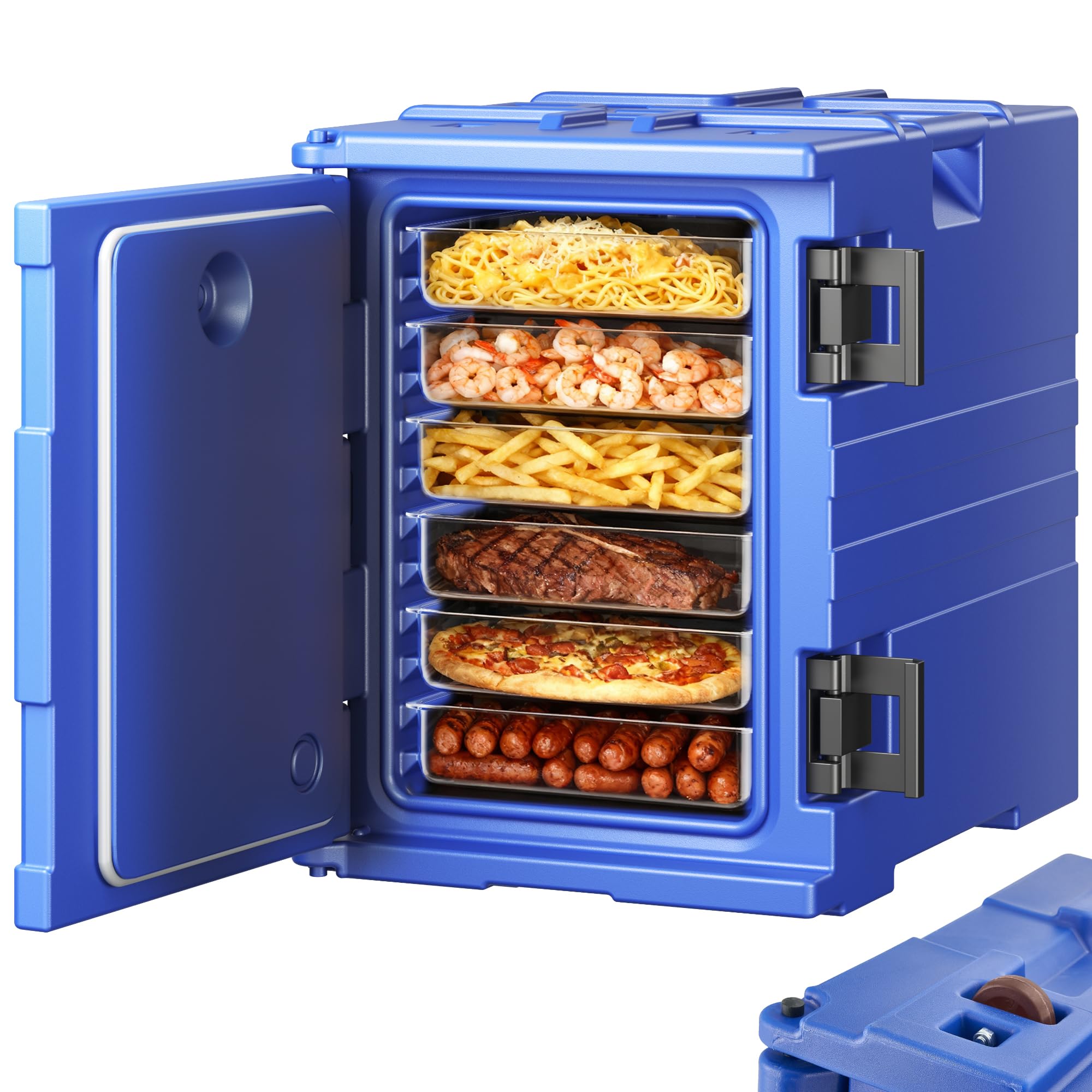 VEVOR Conteneur Isotherme pour Bac Gastronorme 90 L, Boîte de Transport Alimentaire Empilable, Chargement Frontal, avec Doubles Boucles et Poignées, Porte-plateaux pour Restauration Cantine, Bleu