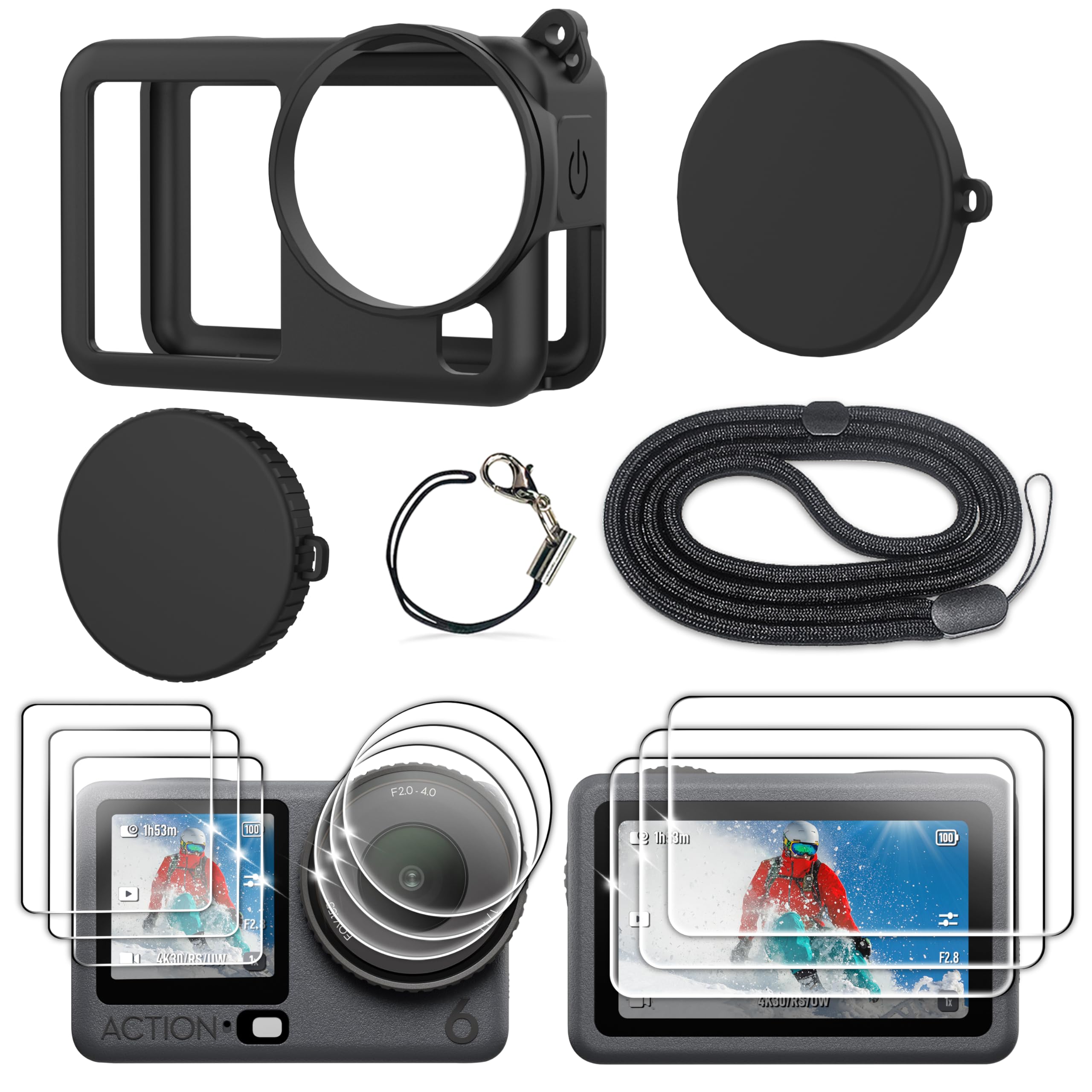 Étui en caoutchouc silicone + 3 protecteurs d'écran en verre trempé pour DJI Osmo Action 6