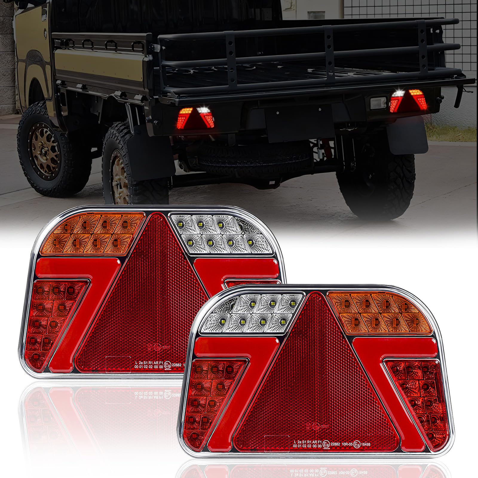 2 szt. Zestaw tylnych świateł przyczepy 12 V/24 V LED Tylne światła z trójkątnym odblaskiem, oświetlenie tablicy rejestracyjnej, 6-żyłowy kabel o długości 25 cm, wodoodporność IP67