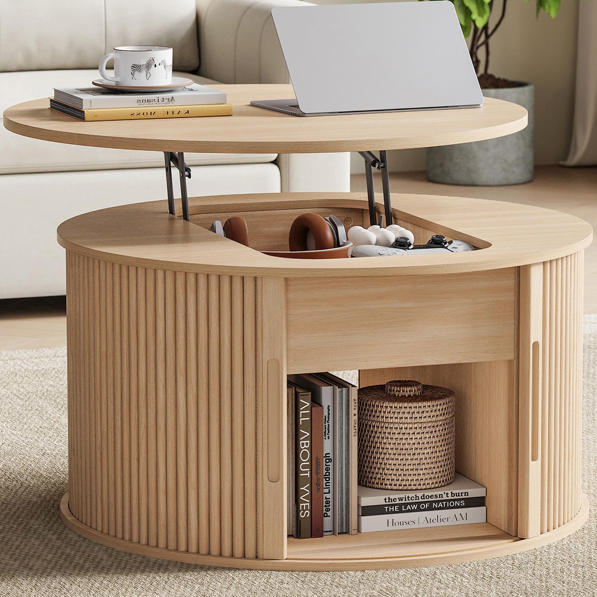 LINSY Lift Top Coffee Table Round Fluted Coffee Table with Storage Boho Wooden Coffee Tables with Sliding Tambour
