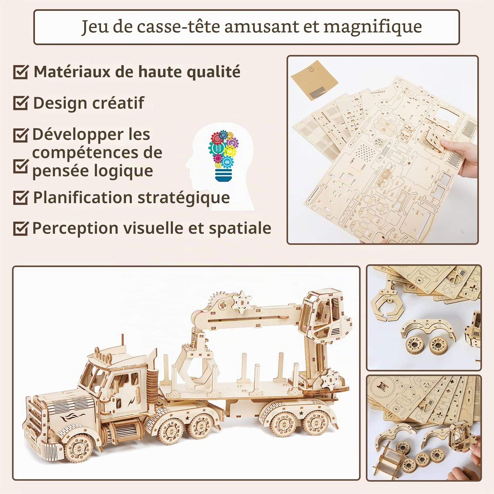 Puzzles en Bois 3D, kit de modèle de Grue de Camion en Bois, Ensemble de Construction mécanique à Assembler soi-même pour Adultes de 14 Ans et Plus, Cadeau d'anniversaire de Noël, 428 pièces