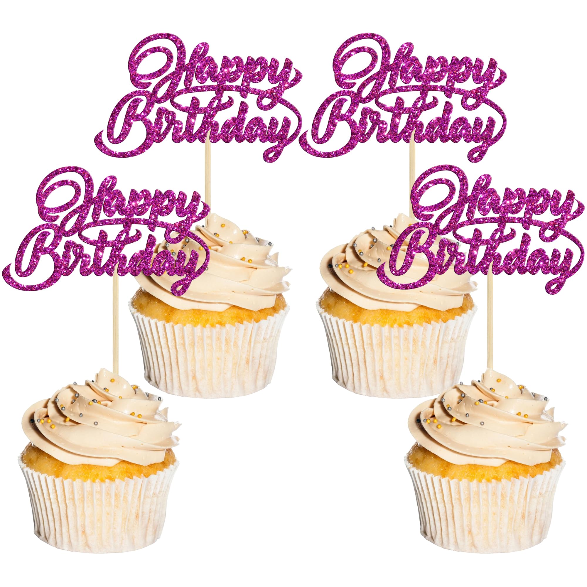 24Pcs Happy Birthday Cupcake Toppers Purple Glitter Birthday Cupcake Food Picks for Celebrating Happy Birthday Party Cake Decorations Supplies