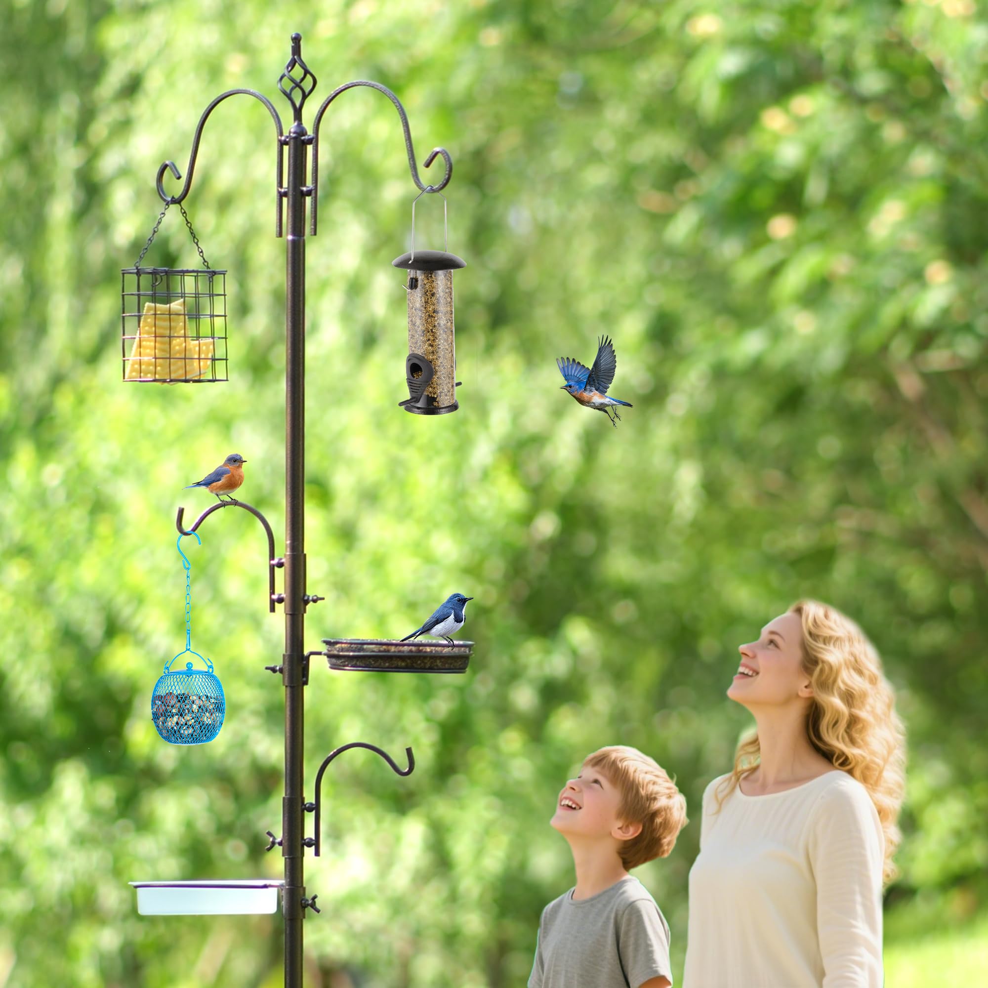 MIXXIDEA Deluxe Vogelfutterspender Kit Bird Feeder Pole Multi Feeder hängen mit Metall Vogelfütterungsstation Suet Feeder Vogel Bad Mesh Tray zum Anziehen (1 Pack)