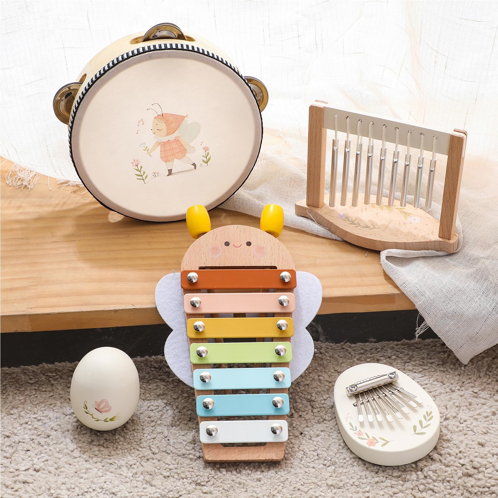 Montessori Juego de Instrumentos Musicales de Madera Pandereta de Madera Xilófono Maracas Campanilla de Viento Juguete Educativo de Música Temprana para Niños Pequeños