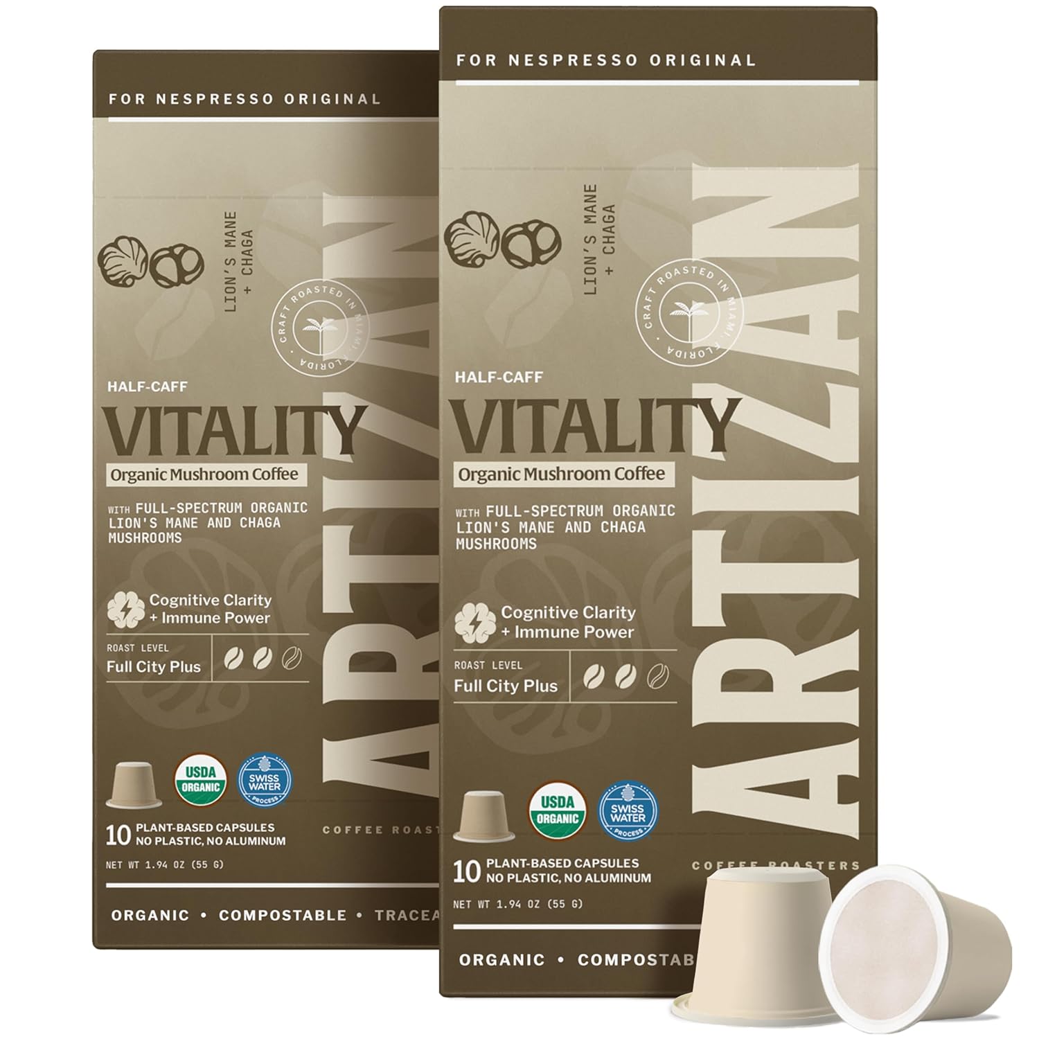 Artizan Organic Lion’s Mane & Chaga Mushroom Coffee Pods for Nespresso Original Line | Cognitive Clarity + Immune Power | 20 Compostable Espresso Capsules