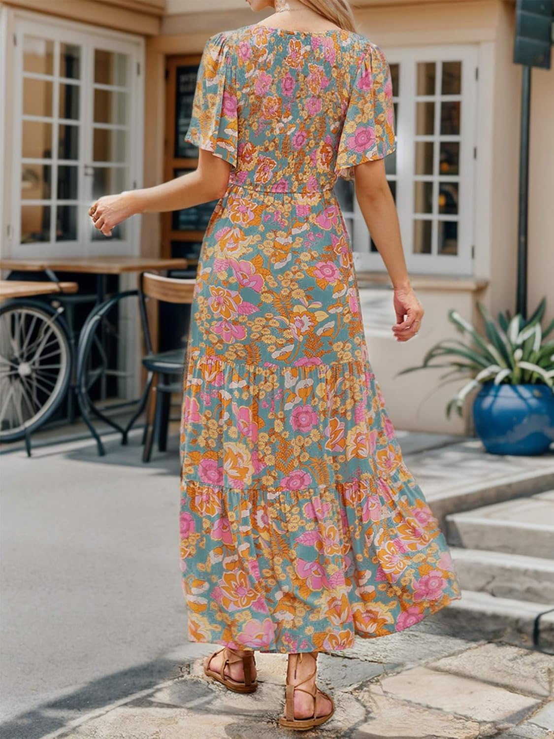 Women's Boho Floral Maxi Dress Vacaton Style Flutter Sleeve High Waist Flowy Layel Hem A-Line Pastoralism Dress - Image 3