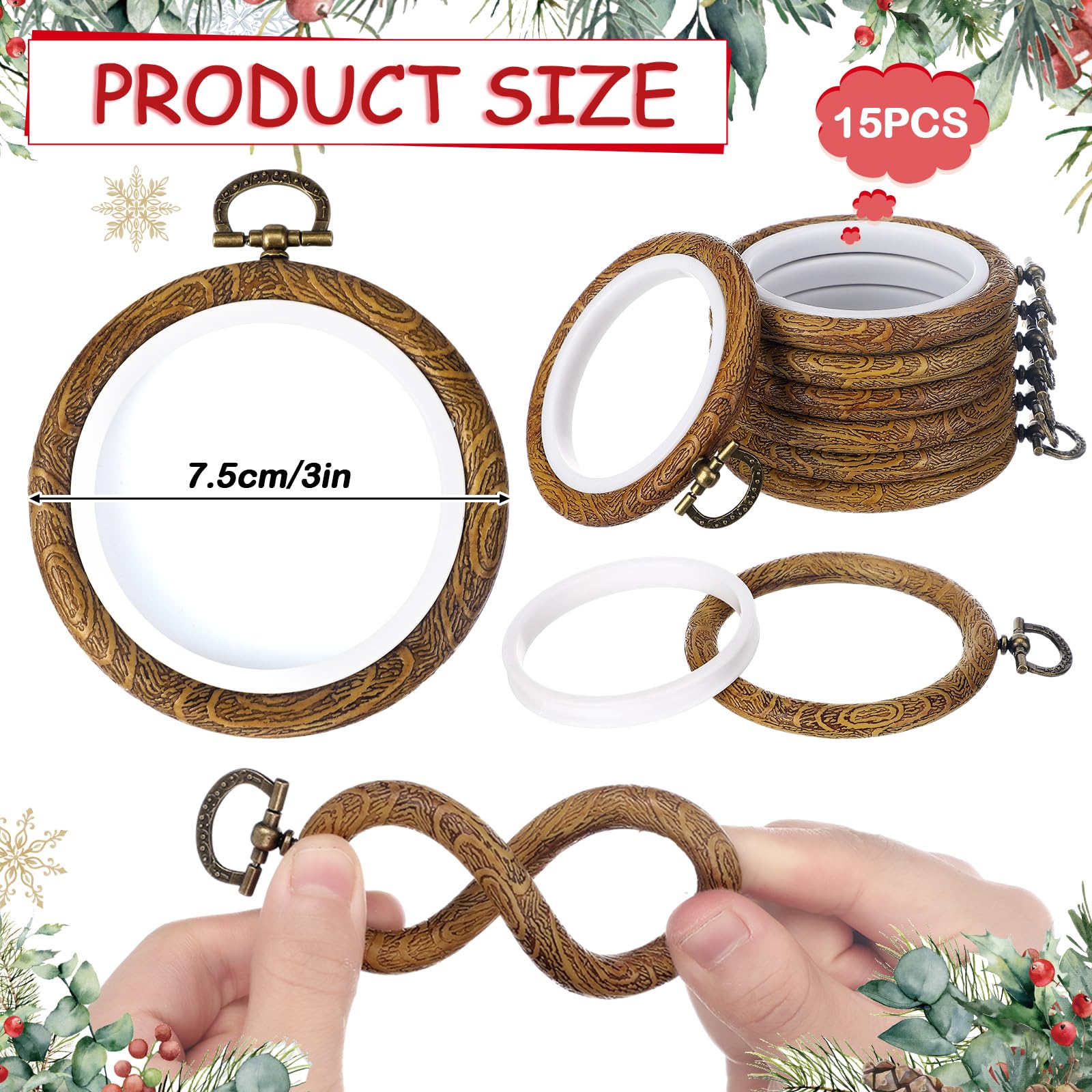 Burbell 15 szt. 5 cm jesienne okrągłe obręcze do haftowania rama koła gumowe obręcze pierścień wyświetlacz haft krzyżykowy ornament imitacja drewna zestawy ramek na Boże Narodzenie Halloween rzemiosło