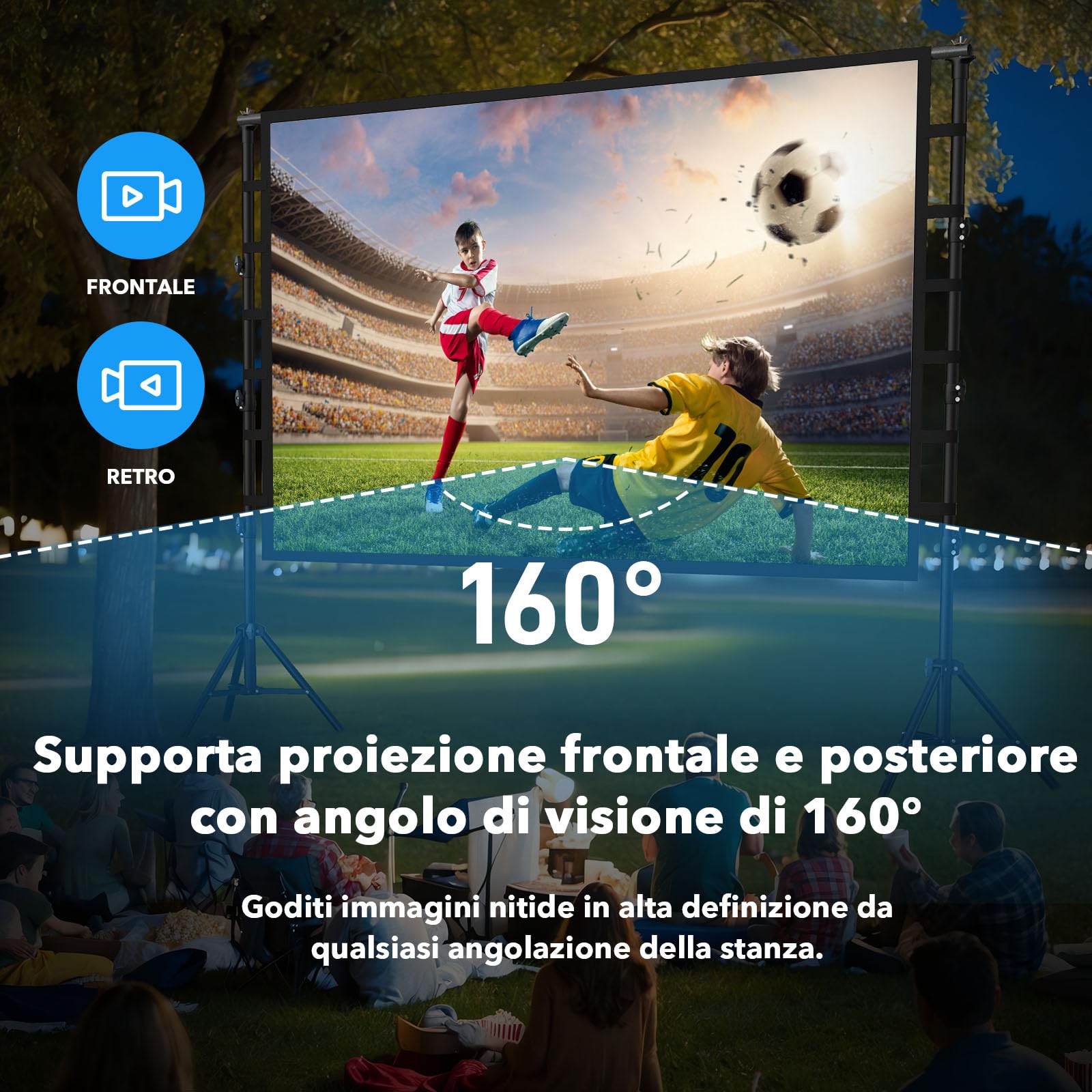 Schermo per proiettore da esterno con treppiede da 150 pollici: schermo portatile 16:9 4K HD, schermo cinematografico per interni/esterni, con borsa per il trasporto e supporto regolabile in