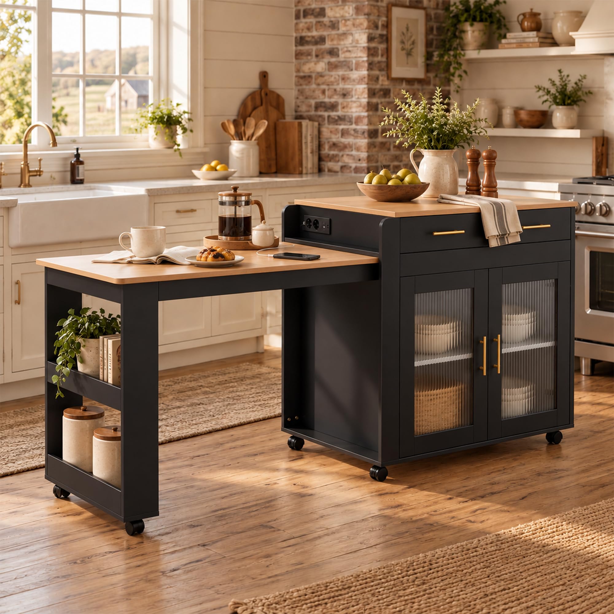 Isola da cucina su ruote, tavolo da pranzo estensibile, armadio da cucina con 2 cassetti e 2 ante, presa e porte USB-A/C, carrello da cucina autoportante per cucina e sala da pranzo, nero