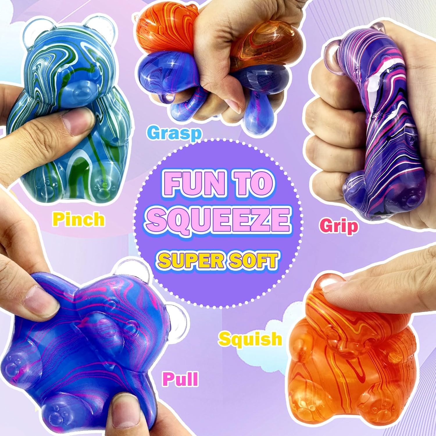 4 Pcs Color Texture Bear & Sugar Ball Designs, Anxiety Relief & Focus Toy, Maltose Filled Squeeze Toys for Sensory Play，Sensory Fidget Toys for Adults, Kids, Slow Rising Squishy Stress Ball