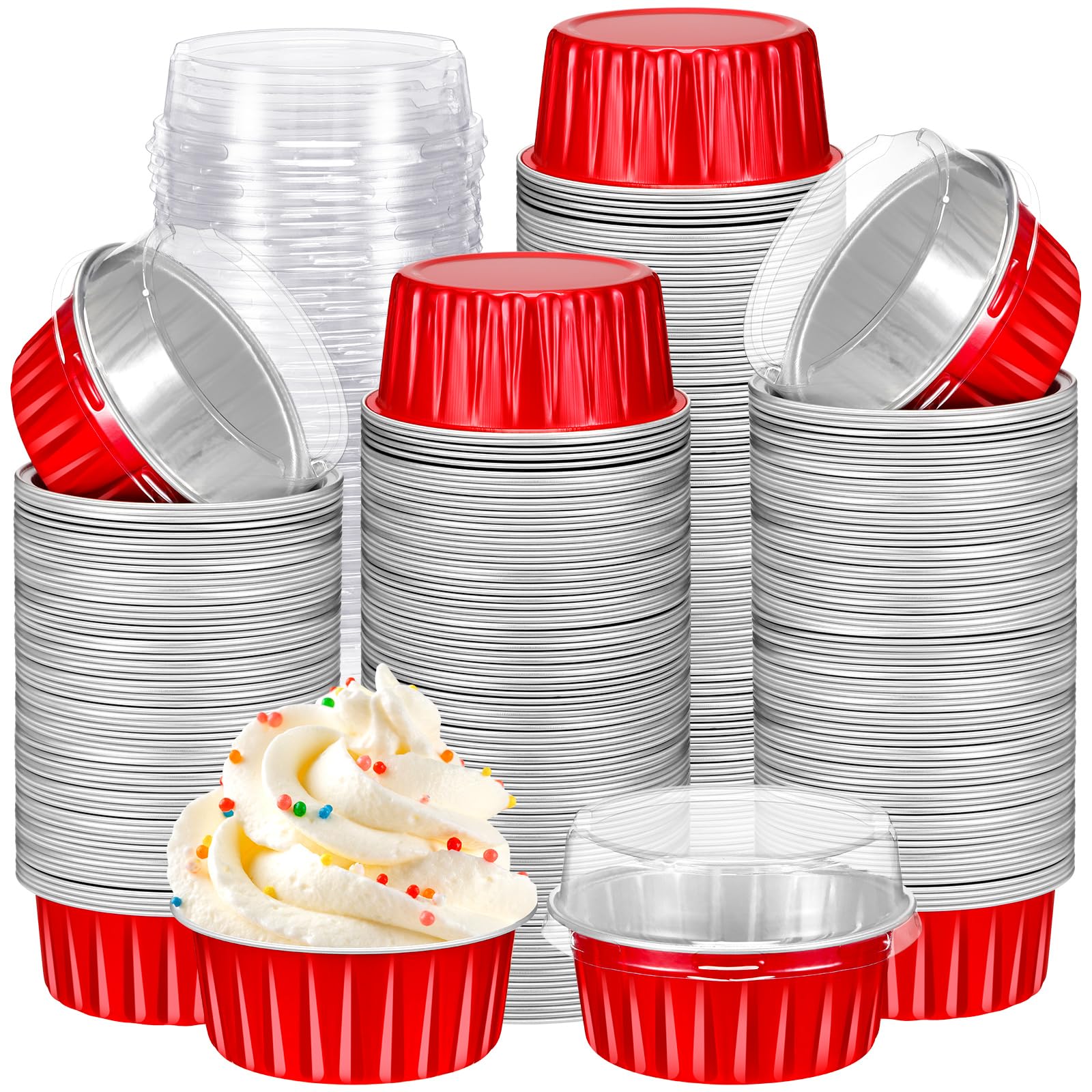 Gejoy 400 Pcs Disposable Ramekins with Lids Aluminum Foil Baking Cups 5 oz Mini Cupcake Liners Creme Brulee Muffin Pans Mold Dessert Tin Container for Christmas Wedding Birthday Party(Red)