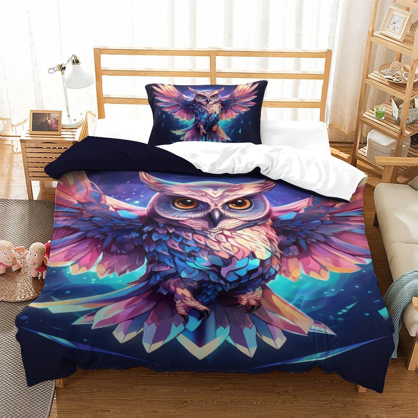 Housse de couette 3D chouette 135x200 pour lit single et taie d'oreiller