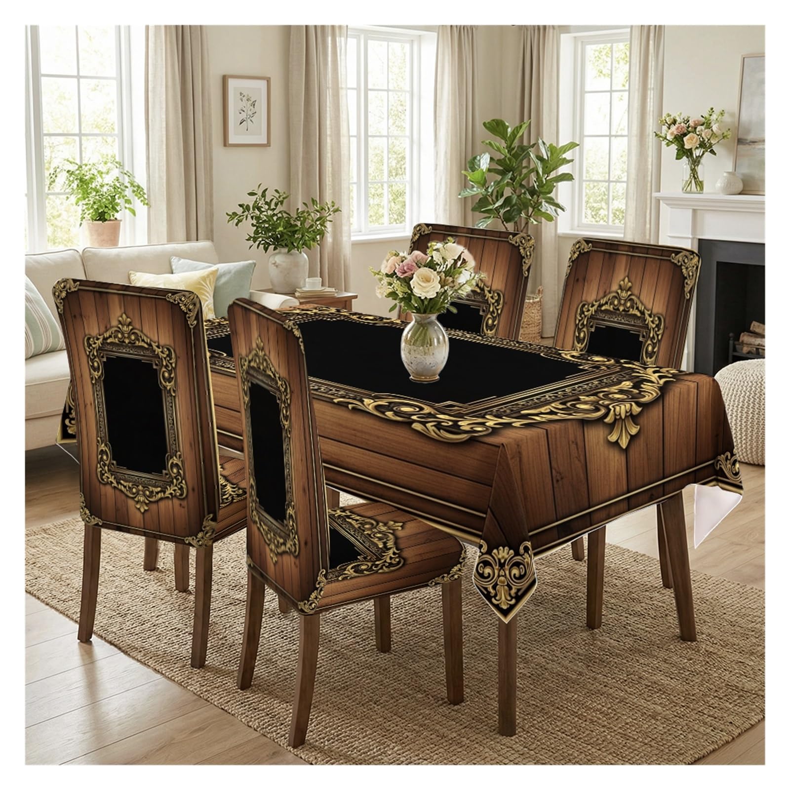 KXUAUV Vintage Wood & Gold Baroque Print Stretch Dining Chair Covers & Tablecloth Set, 5/7 Pack Party Decor(5pcs Set: Tablecloth+Chair Covers)