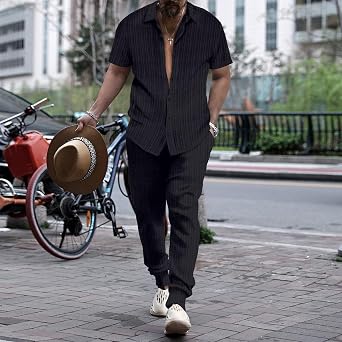 Men's Summer Beach Outfits 2 Piece Short Sleeve Button Down Shirt Casual Loose Pant Sets Solid Breathable Tracksuit