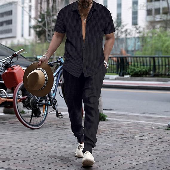 Men's Summer Beach Outfits 2 Piece Short Sleeve Button Down Shirt Casual Loose Pant Sets Solid Breathable Tracksuit