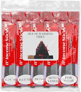 House Warming Vibes11'' Incense Sticks - Variety Set 500 Pack - 11 inch - 5 Bundles 100 Sticks Per Fragrance Scent. Set Features Aloe Vera, Blue Nile, Frangipani, Honey Vanilla, Pink Sugar
