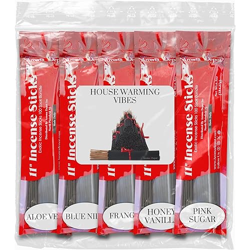 House Warming Vibes11'' Incense Sticks - Variety Set 500 Pack - 11 inch - 5 Bundles 100 Sticks Per Fragrance Scent. Set Features Aloe Vera, Blue Nile, Frangipani, Honey Vanilla, Pink Sugar