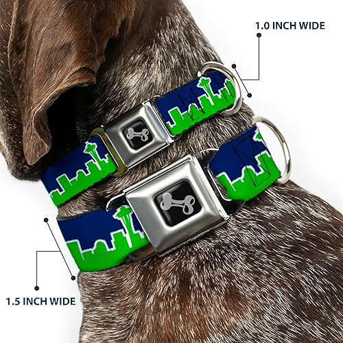 Miniatura 2 de Collar de perro hebilla de cinturón de seguridad Seattle Skyline azul marino verde brillante 13 a 18 pulgadas 1.5 pulgadas de ancho