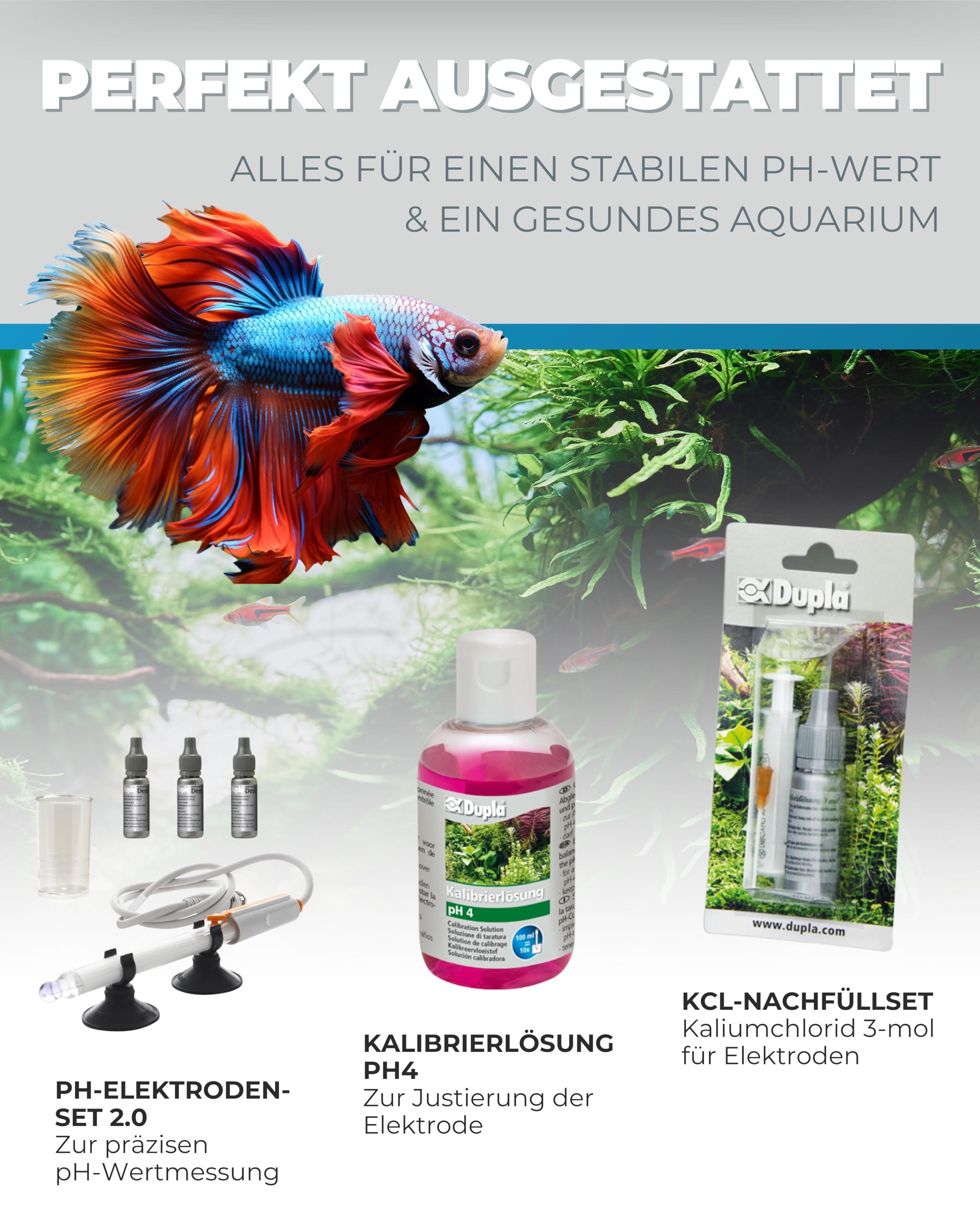 Dupla pH-Elektroden Set 2.0 mit BNC Stecker inklusive Kalibirierlösung pH 4 und pH 7, Dest, sowie Messbecher. Deutsche Gebrauchsanleitung. 1,8m Kabel.