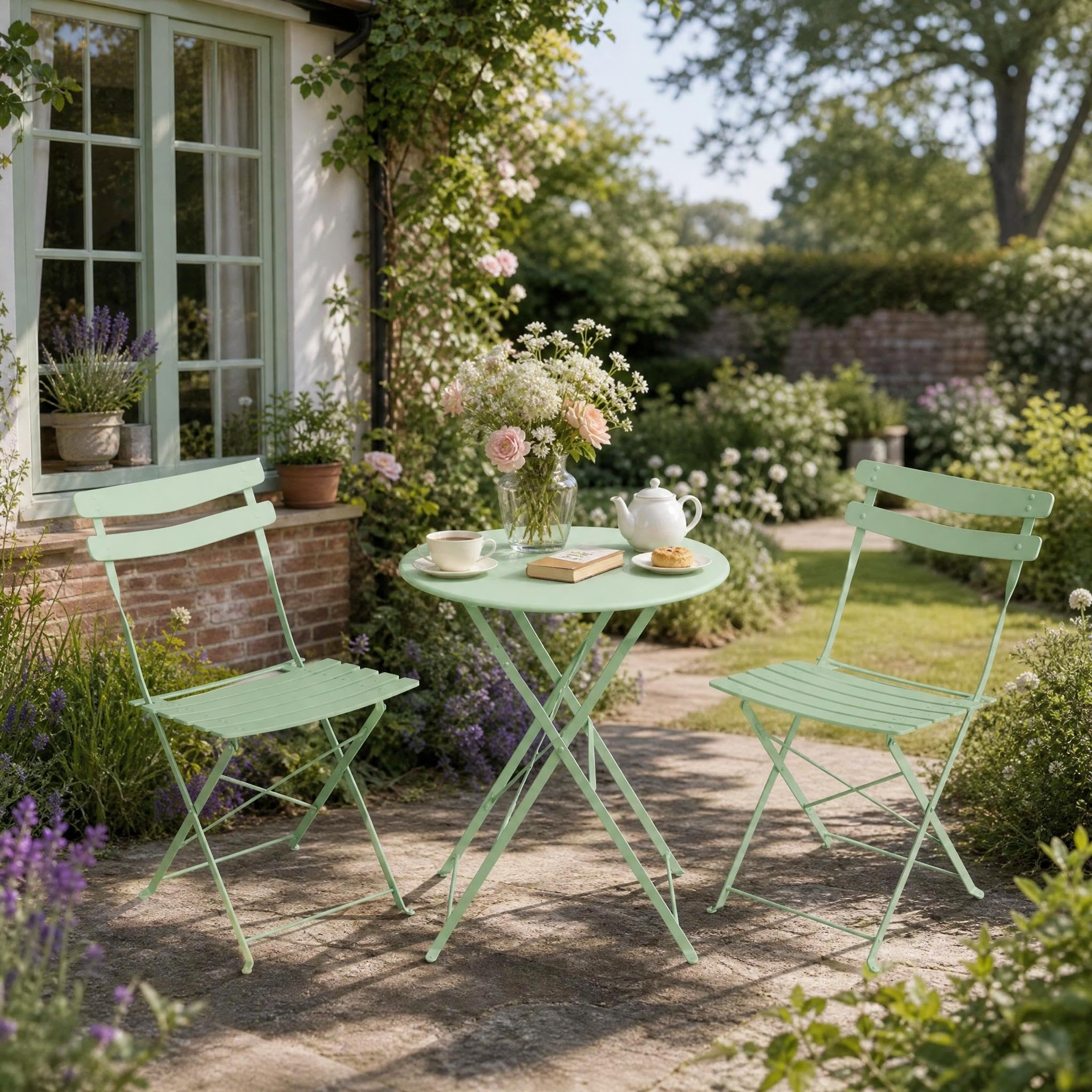 GarveeMore 3 Piece Bistro Set for 2, Folding Garden Table & Chairs Set of 2, Weatherproof Metal Outdoor Seating, Small Balcony Set, No Assembly 2 Seater Patio Set for Gardens & Terraces - Green
