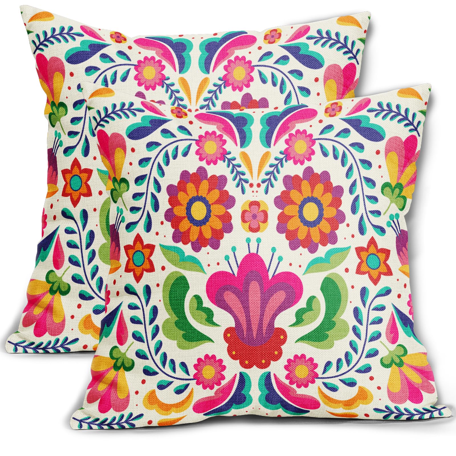 Sweetshow Mexican Pillow Covers 16x16 Set of 2 Ethnic Art Style Floral Leaves Print Throw Pillows Outdoor Bright Colored Decorative Pillow Case Linen