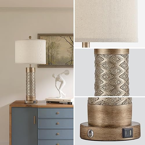 Miniatura 6 de Juego de 2 lámparas de mesa de granja de 28.5 pulgadas con puertos USB, lámpara de mesa alta con 2 bombillas de luz nocturna, lámpara de noche