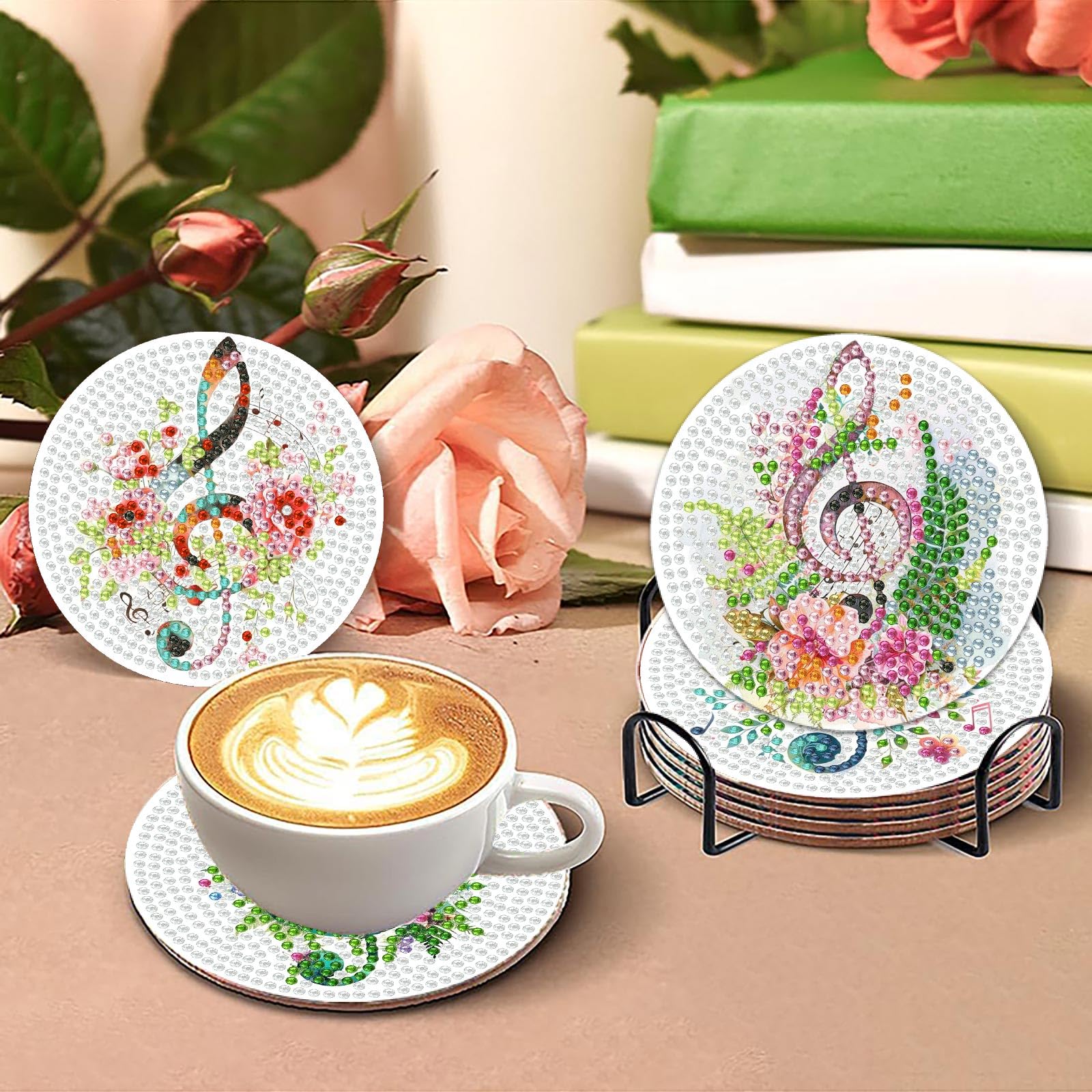 Diamond Art Coasters - Floral Musical Notes -6 Diamond Art Coasters - Floral Musical Notes -6