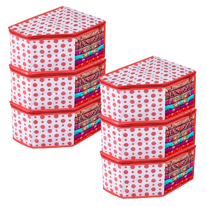 Urbane Home Blouse Cover | Clothes Storage Bag | Zipper Wardrobe Organizers | Non-Woven Clothes Organiser | Side Transparent Blouse Organizer | Dot-Design | Pack of 6 | Red