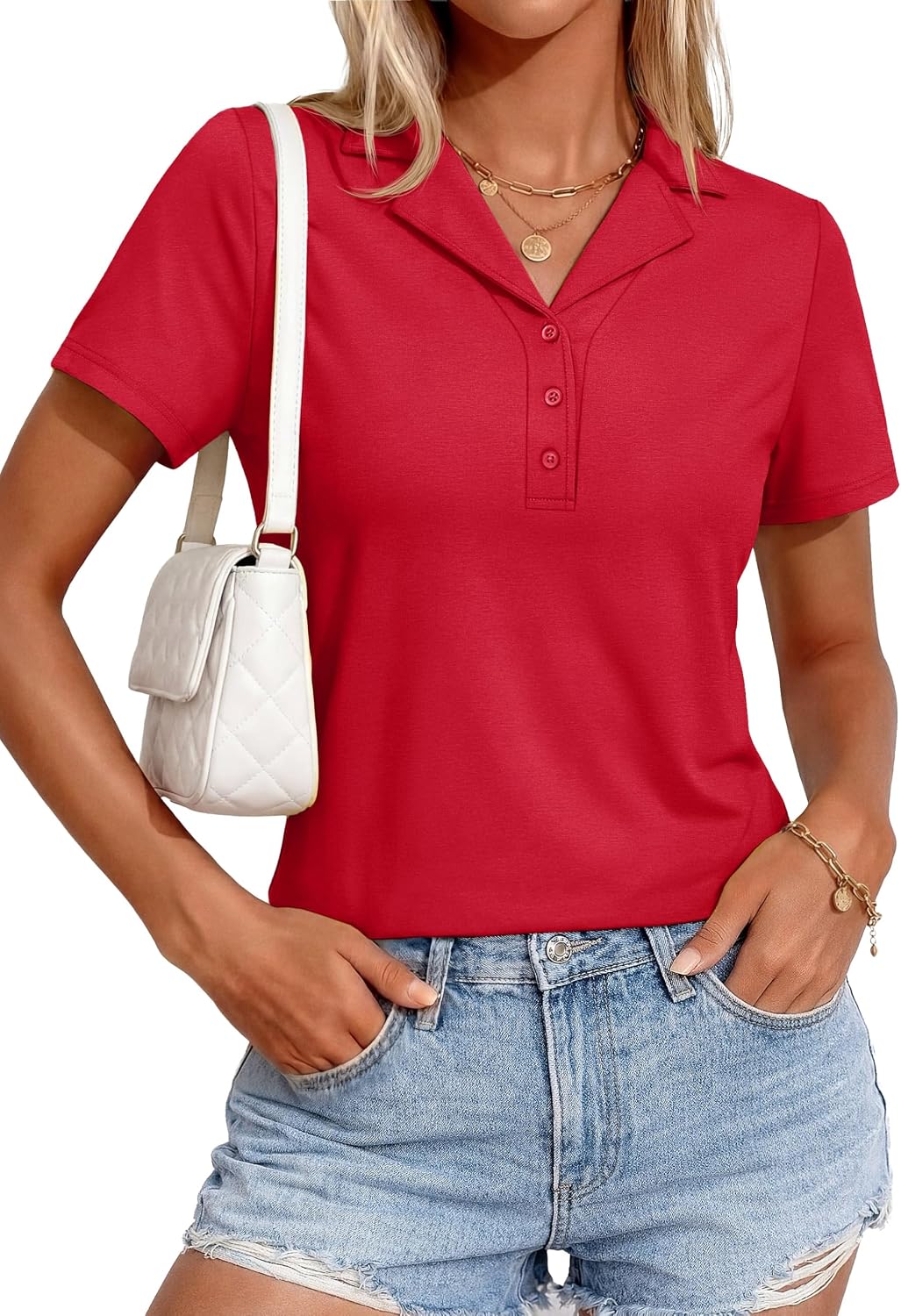YUCOLEN Polo Shirts for Women Lapel Collared 3 Button V-Neck Casual Tops