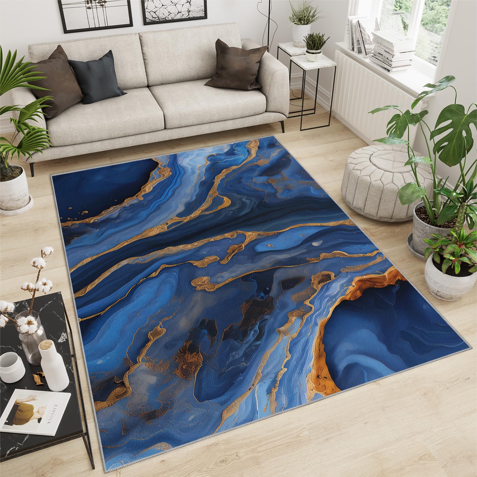 Tapis de sol 80 x 150 cm - Motif marbre abstrait bleu marine - Plaqué or 3D - Pour chambre à coucher, salon, salle d'étude