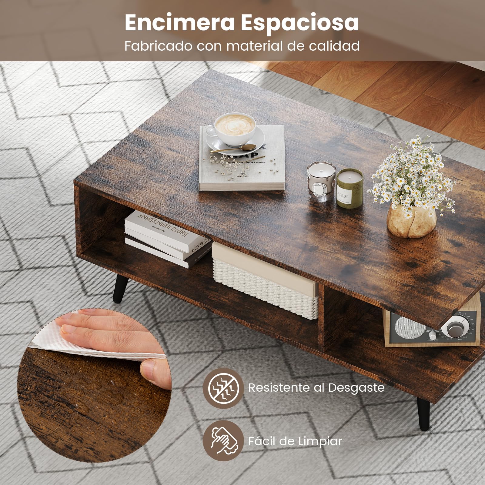 COSTWAY Mesa de Centro con Almacenamiento, Mesa Auxiliar Moderna con Estante Abierto, Mesita Central Rectangular de 2 Niveles con Patas Metálicas para Salon (Café)