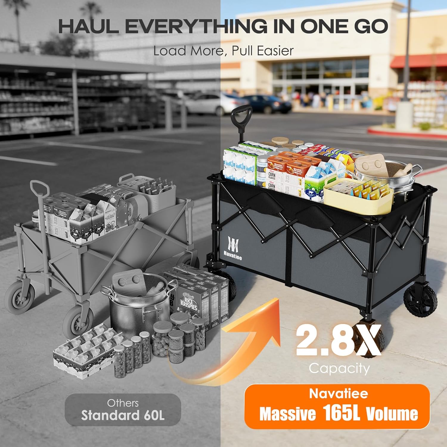 Navatiee 165L Collapsible Folding Wagon, Large Foldable Wagon with Silent All-Terrain Wheels, 330Lbs Heavy Duty Utility Grocery Cart for Camping Shopping Outdoor, Gray